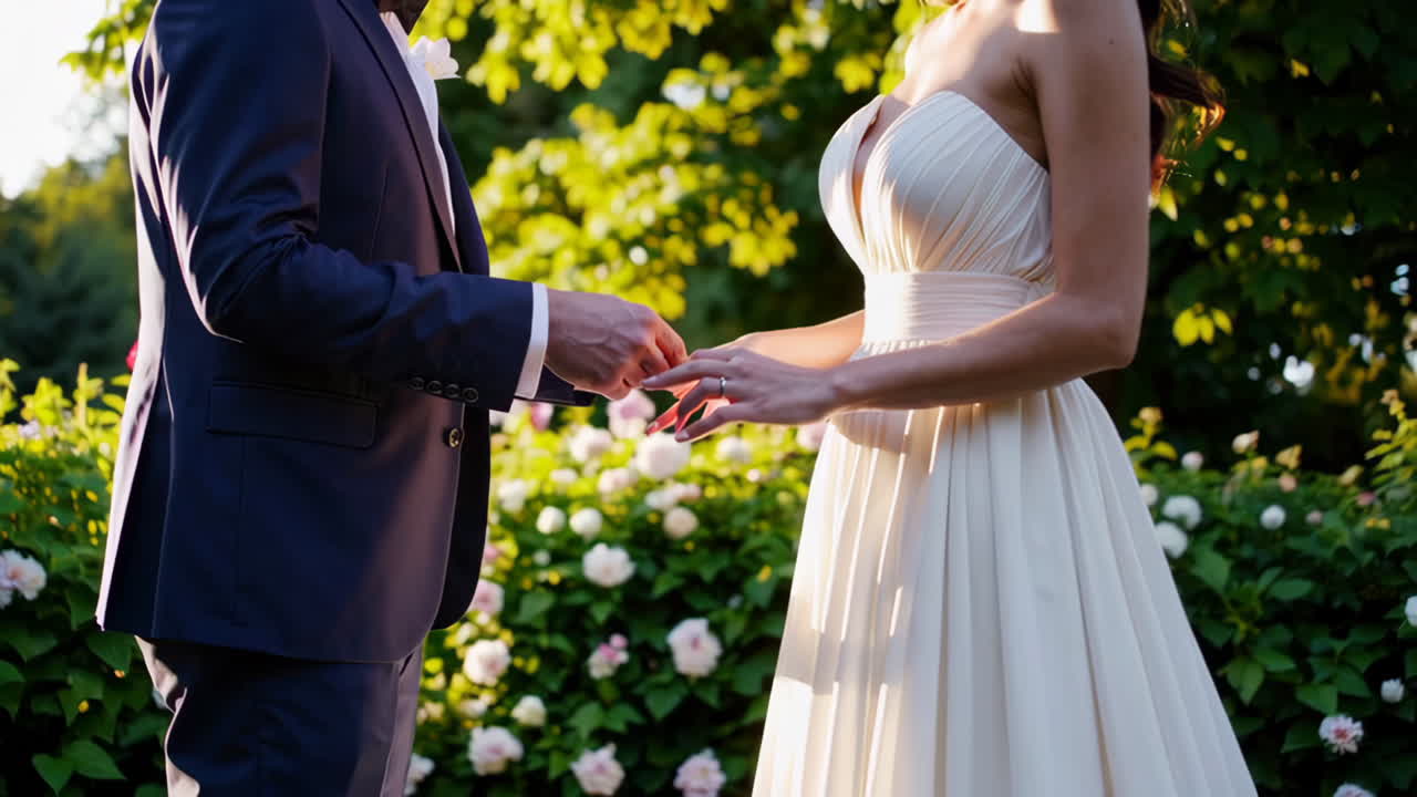 Couple exchanging rings during a wedding ceremony in a garden