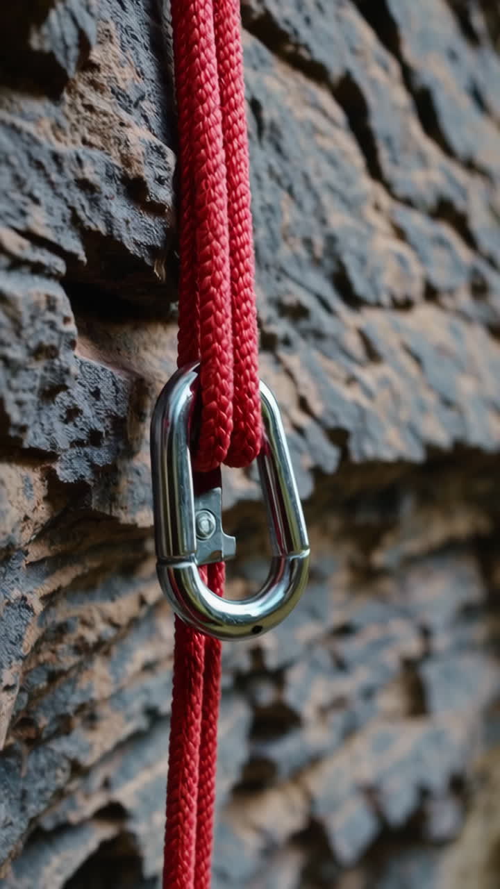 Climbing Rope and Carabiner on Rock Face