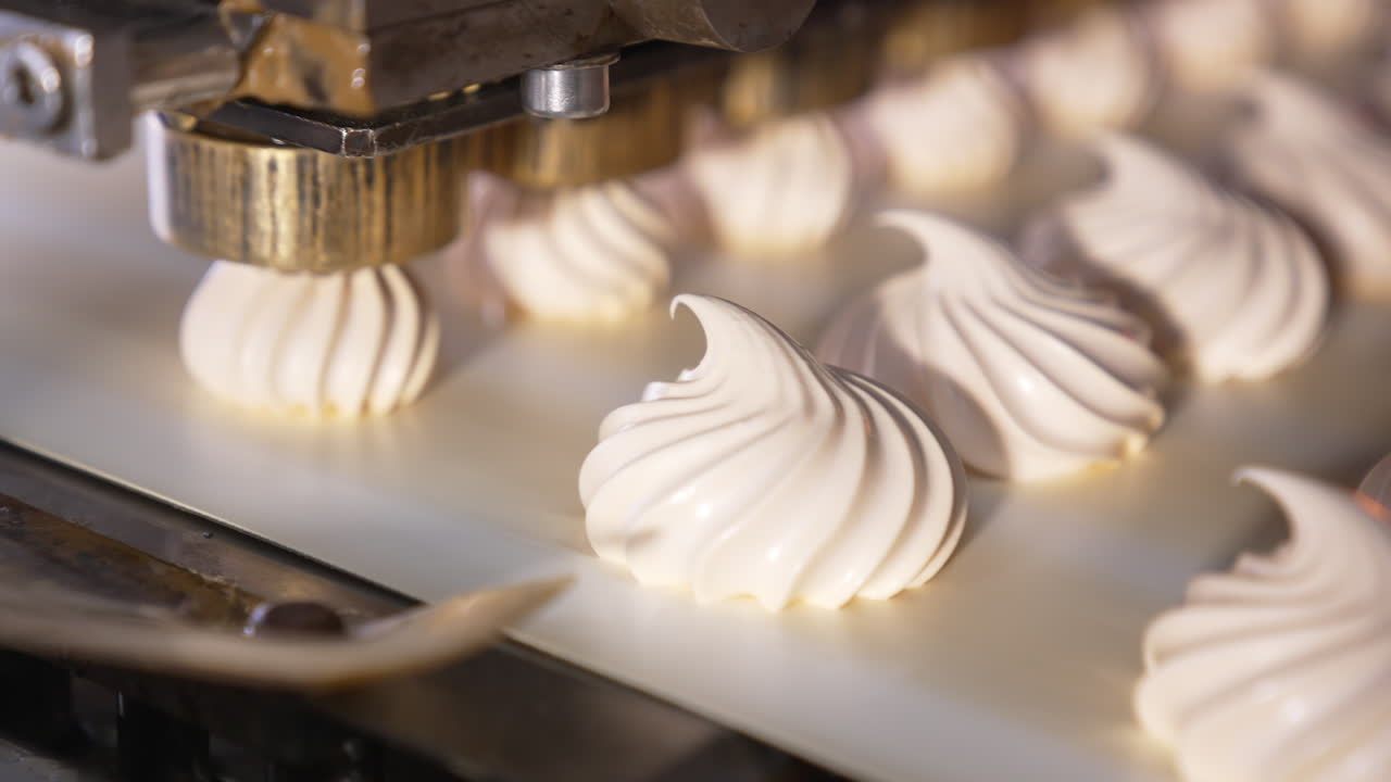 White creamy marshmallows are squeezed on the moving conveyor belt. Close up. Automated line for sweet products manufacturing. Confectionery concept.