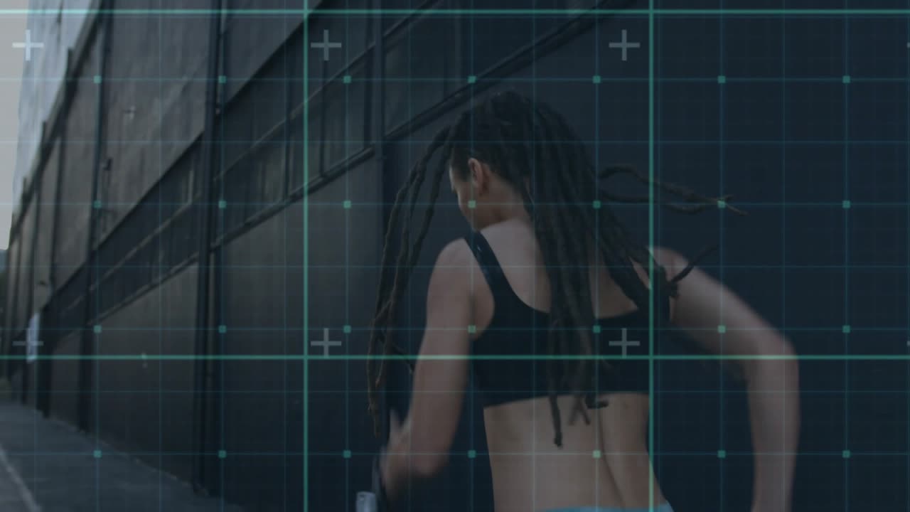 Female runner pushing forward increasing pace while wristwatch tracking fitness, teal grid shifting