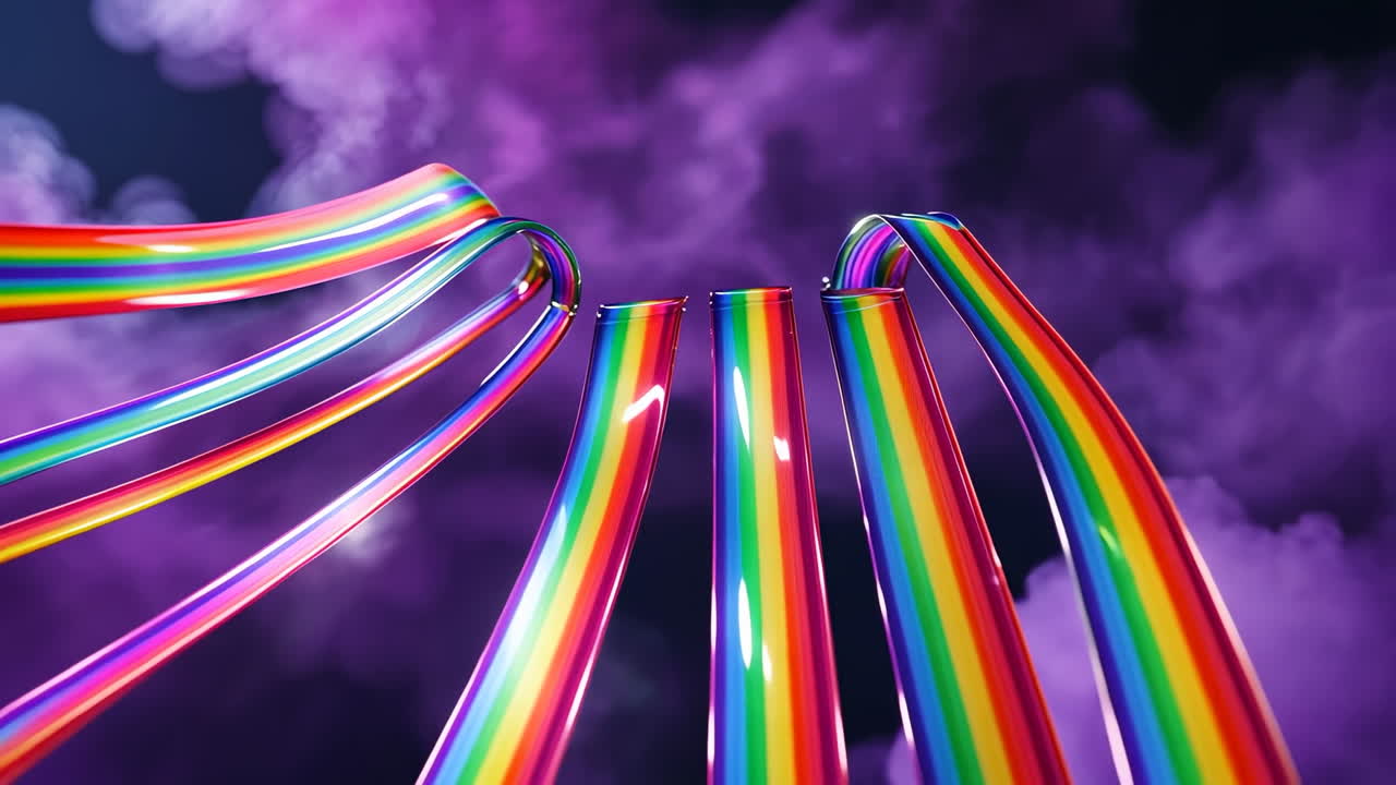 Vibrant Rainbow Ribbons on Purple Smoky Background