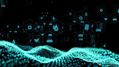 animación de partículas onduladas con iconos médicos y procesamiento de datos sobre fondo negro