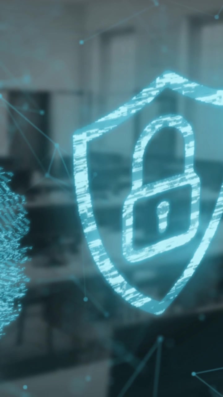 Scanner di impronte digitali e icona di lucchetto di sicurezza su una rete di connessioni su sfondo di ufficio vuoto