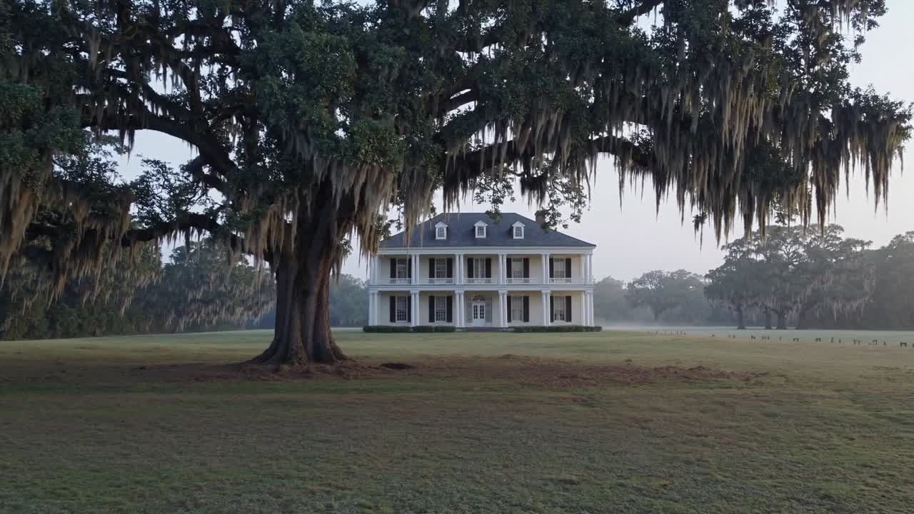 Majestic southern mansion framed by an ancient oak tree draped in Spanish moss, showcasing the serene beauty of a misty morning landscape with expansive green lawn