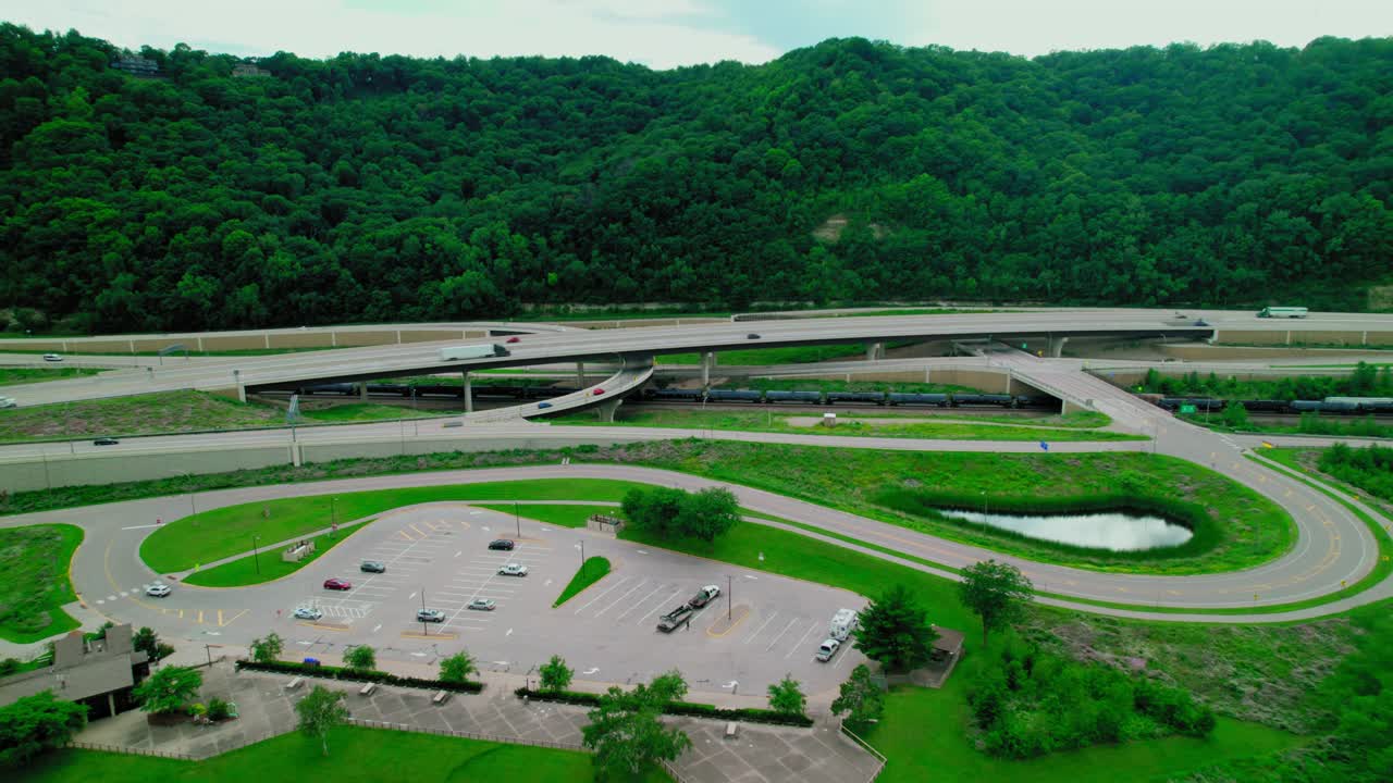 Aerial view of Minnesota Welcome Center at Dresbach with highway interchange