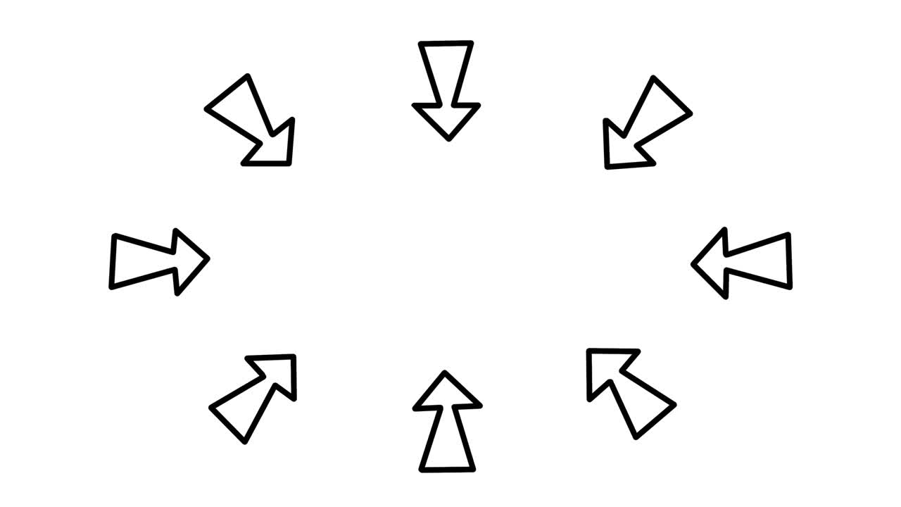 Circle of hand drawn arrows animation, stop motion doodle arrows frame pointing to the middle of a white background