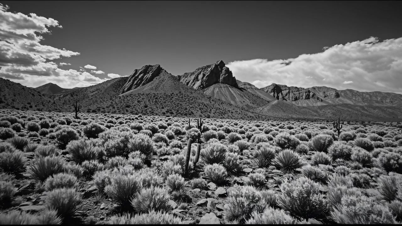 Black and White Landscape of Desert Mountains and Scrubland