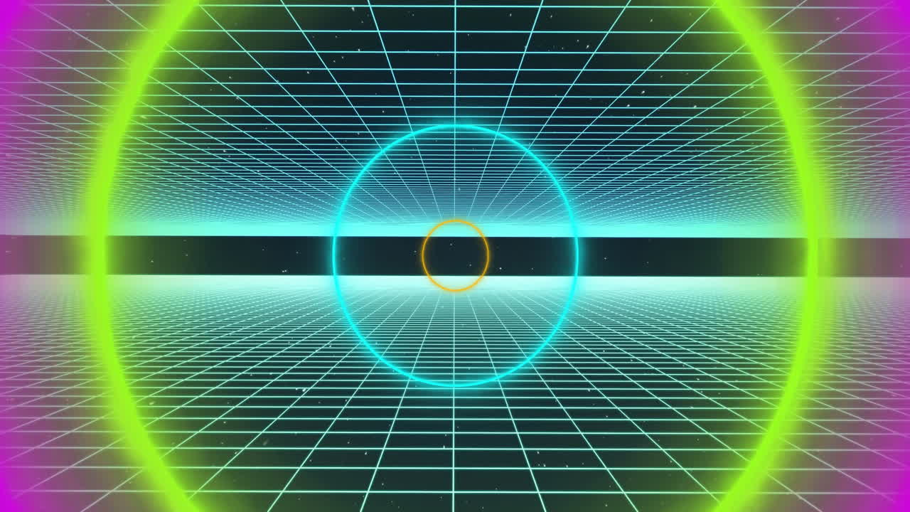 Animation of gaming icons and shapes over neon shapes