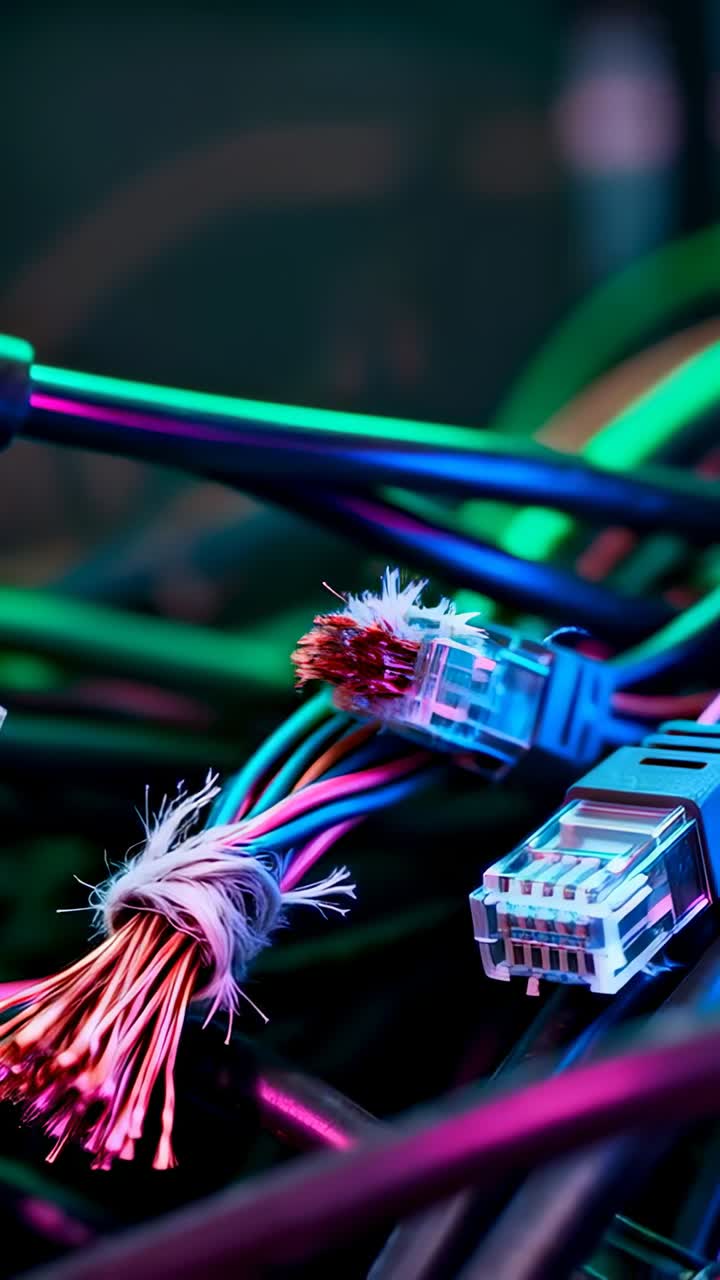 Vertical video: Sequence starting, camera pulling focus on bench, revealing frayed copper and RJ45