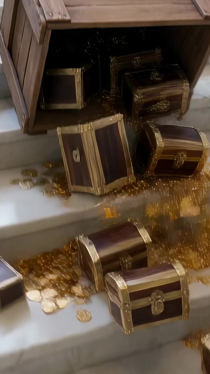Vertical video: Shifting lid, wooden crate tipping on marble steps revealing chests spilling coins