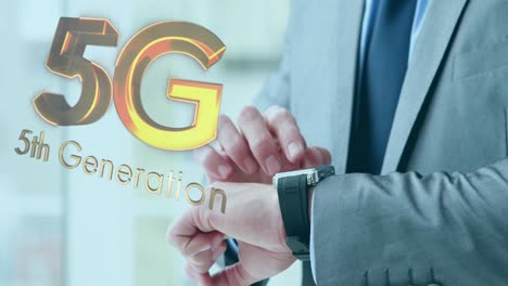 animation of 5g 5th generation text over businessman checking time in background