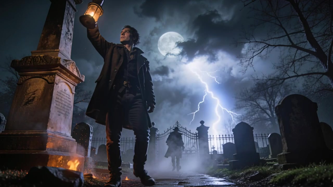 Un fulmine colpisce, un uomo in cappotto con una lanterna cammina verso il cancello di un cimitero incontrando un compagno.