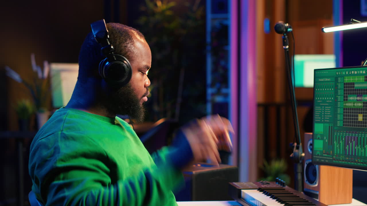 compositor de música añadiendo pistas como efectos de sonido para una nueva canción
