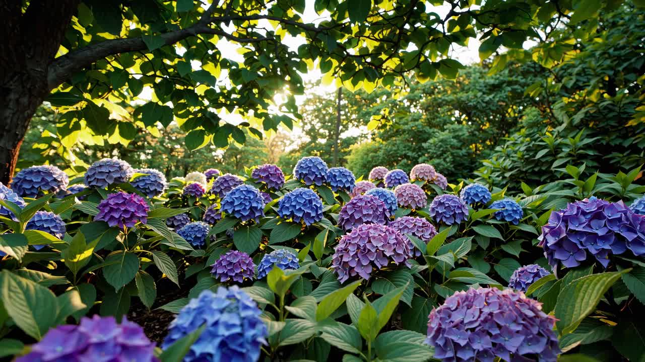Vibrant hydrangeas in a garden at sunset, captured from a low angle