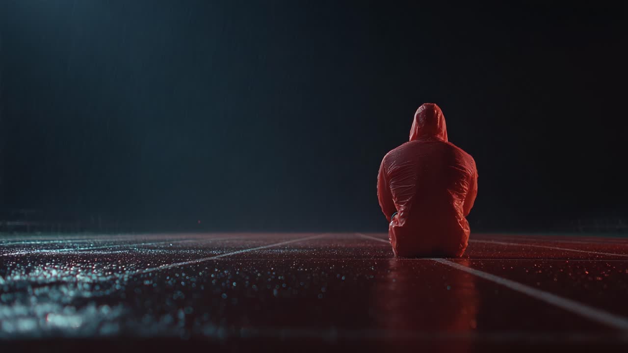 A Solitary Figure in a Red Raincoat Sits on a Wet Track Under a Heavy Downpour, Capturing the Essence of Isolation and Reflection Amidst Adverse Weather