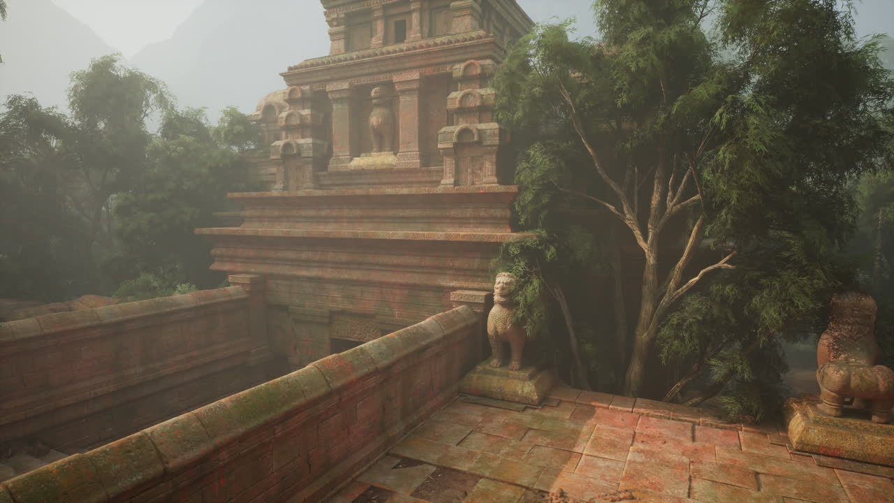 antiguas ruinas de templos en una selva de niebla