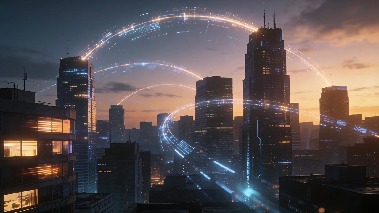 Emerging holographic light arcs appearing over skyline as sun sets, circling blue-lit central tower