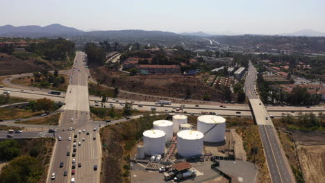 Aerial-view-of-busy-San-Diego-Freeway-and-industrial-areas