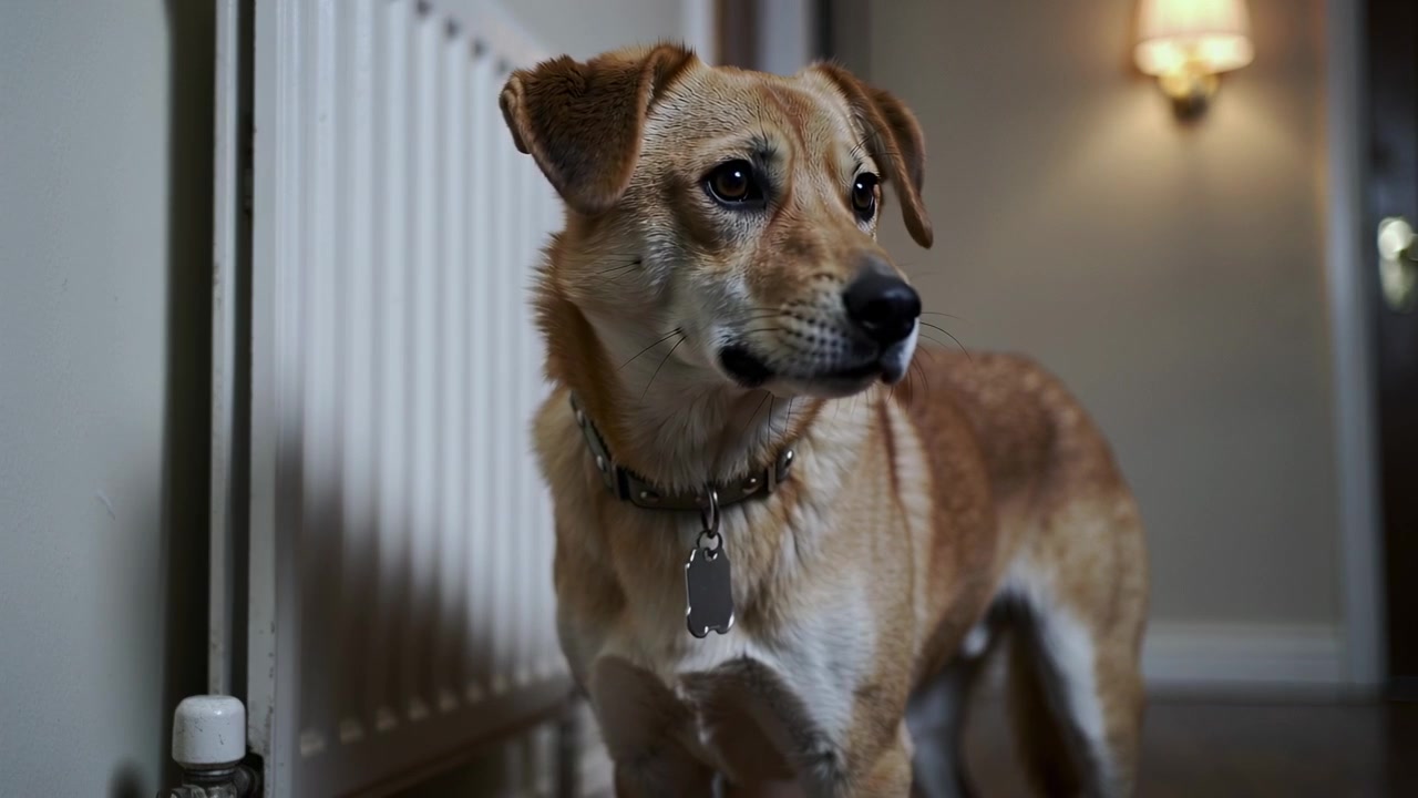 Hearing distant hallway noise, tan dog cocking head and blinking beside radiator with collar tag