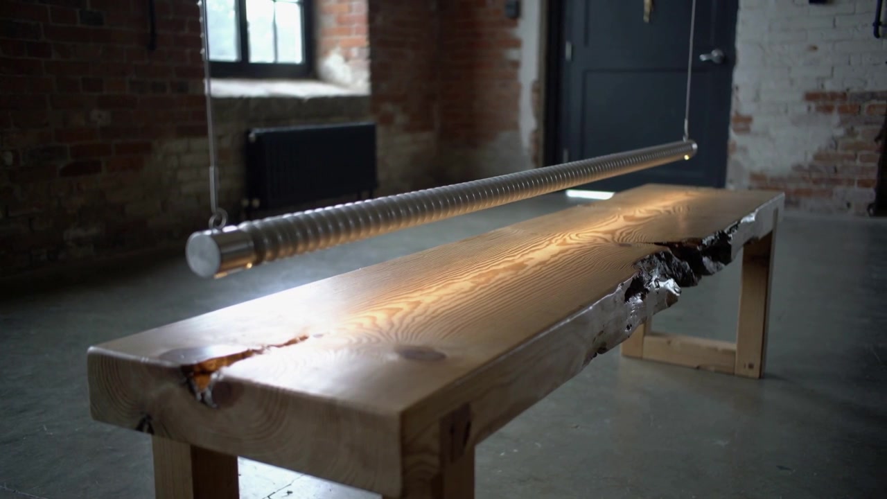 Swaying rod after setup creating moving glint across live-edge plank in brick loft, with trestles