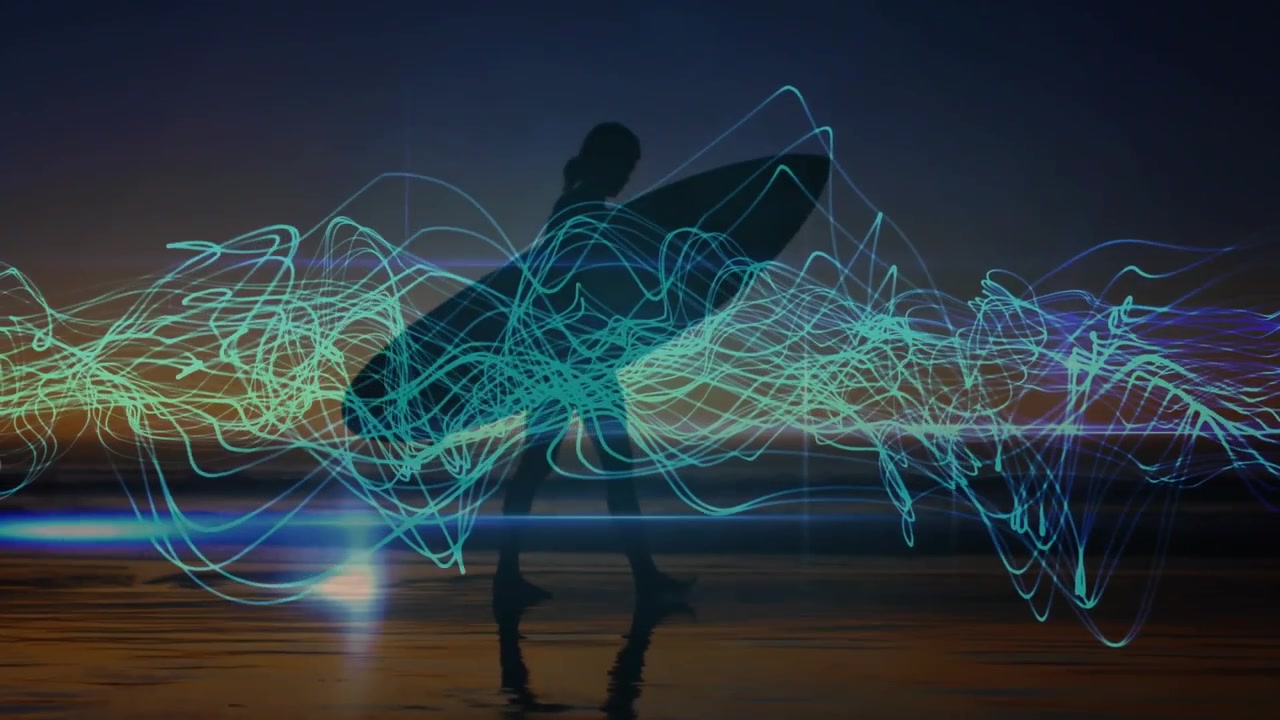Light band appearing female surfer carrying board walking on wet sand, trails sweeping casting glow
