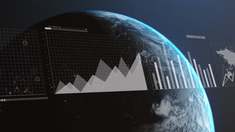 Animación-De-Estadísticas-Y-Procesamiento-De-Datos-Sobre-El-Globo-Terráqueo-Sobre-Fondo-Azul