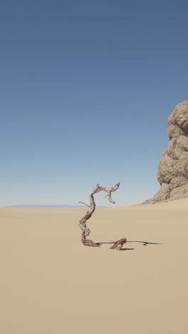 a solitary dead tree stands in a vast desert landscape