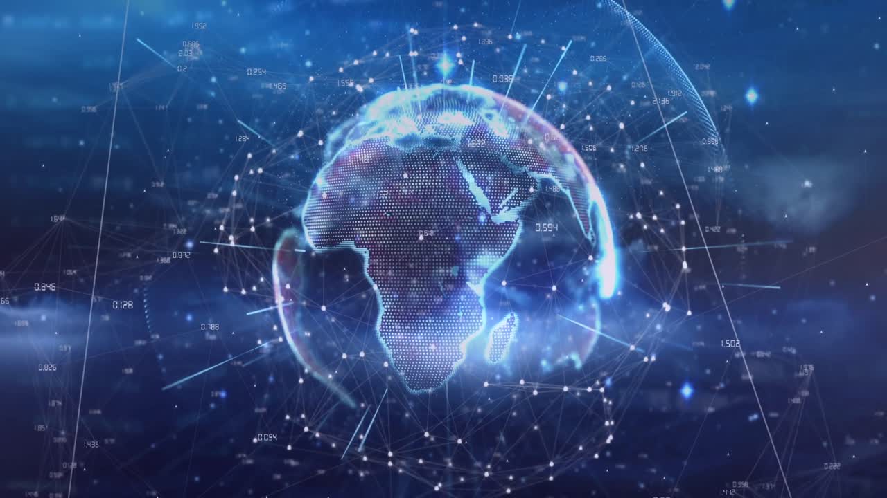 animación de rayos alrededor de un globo rotativo iluminado en círculos, números sobre un fondo abstracto.