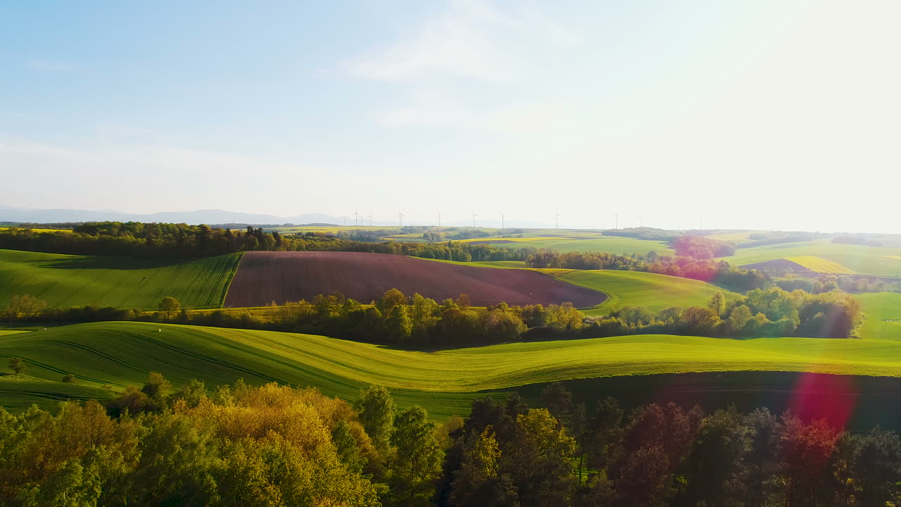 Aerial View Of Summer Countryside With Wind Turbines And Agricultural Fields 1