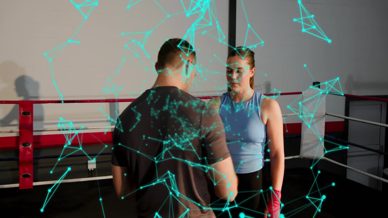 Coach approaching boxer, wrapping red wraps for boxing, tying, boxer readying, teal overlay moving