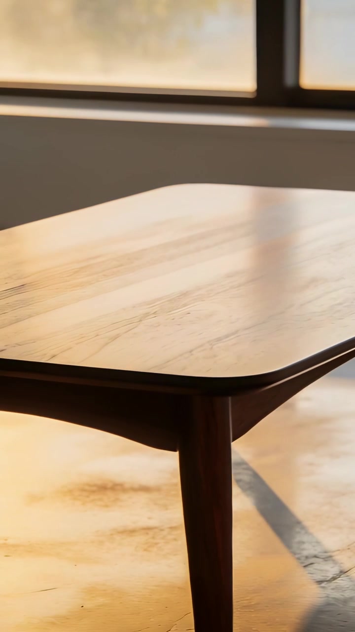 Video verticale: La telecamera si sposta mostrando un tavolo di legno vicino a una finestra, catturando la superficie illuminata dal sole e l'ombra della gamba.