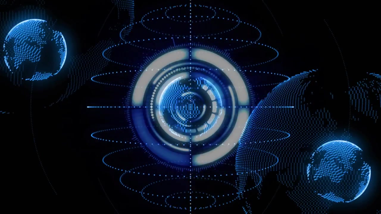 Core glowing starting center HUD rotating pulsing, orbits rippling, right globe moving showing data