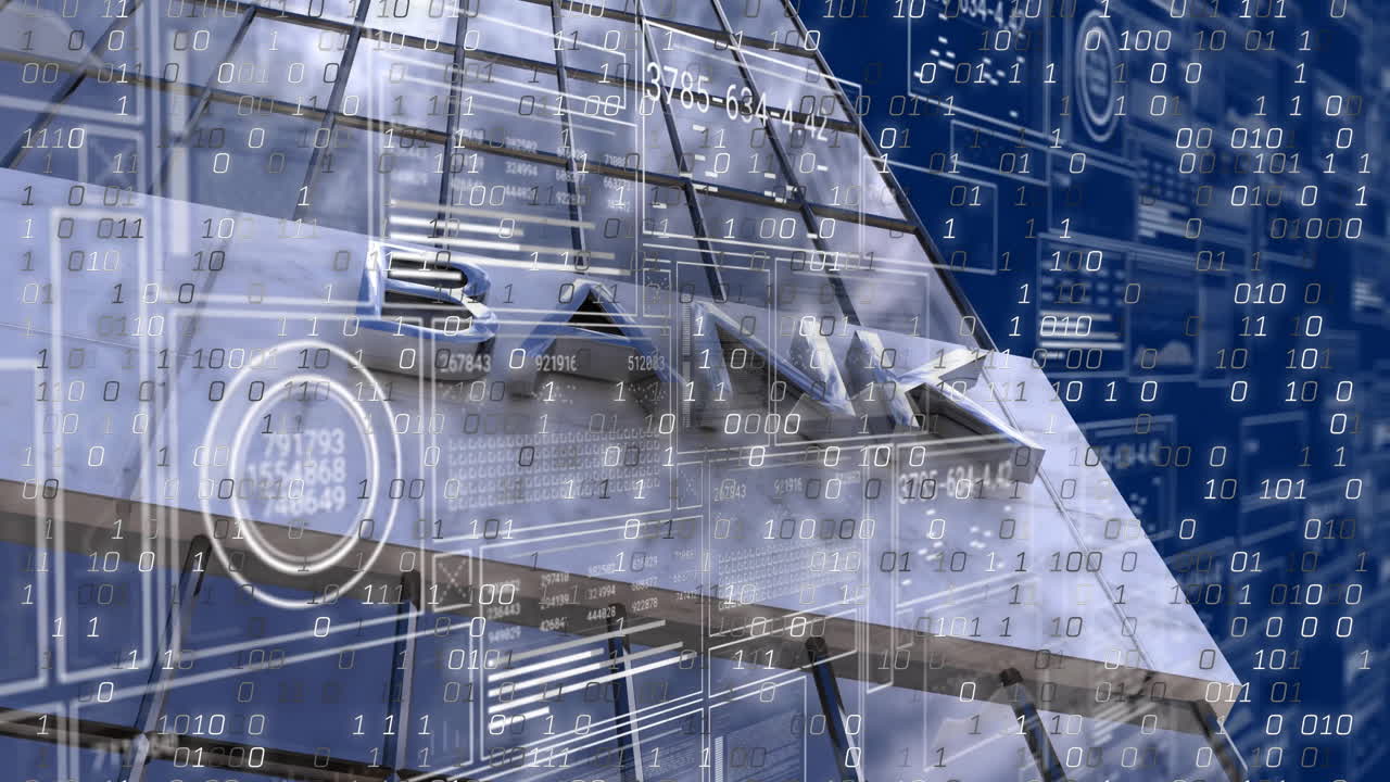 Animation of financial data processing over bank building