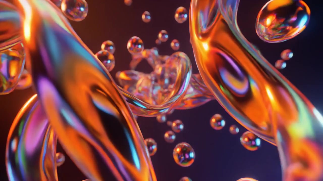Animation 3D abstraite de formes liquides irisées et de sphères flottantes