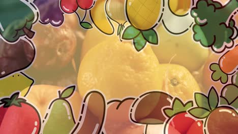 Animation-of-illustration-with-fruit-and-vegetable-over-fresh-lemons