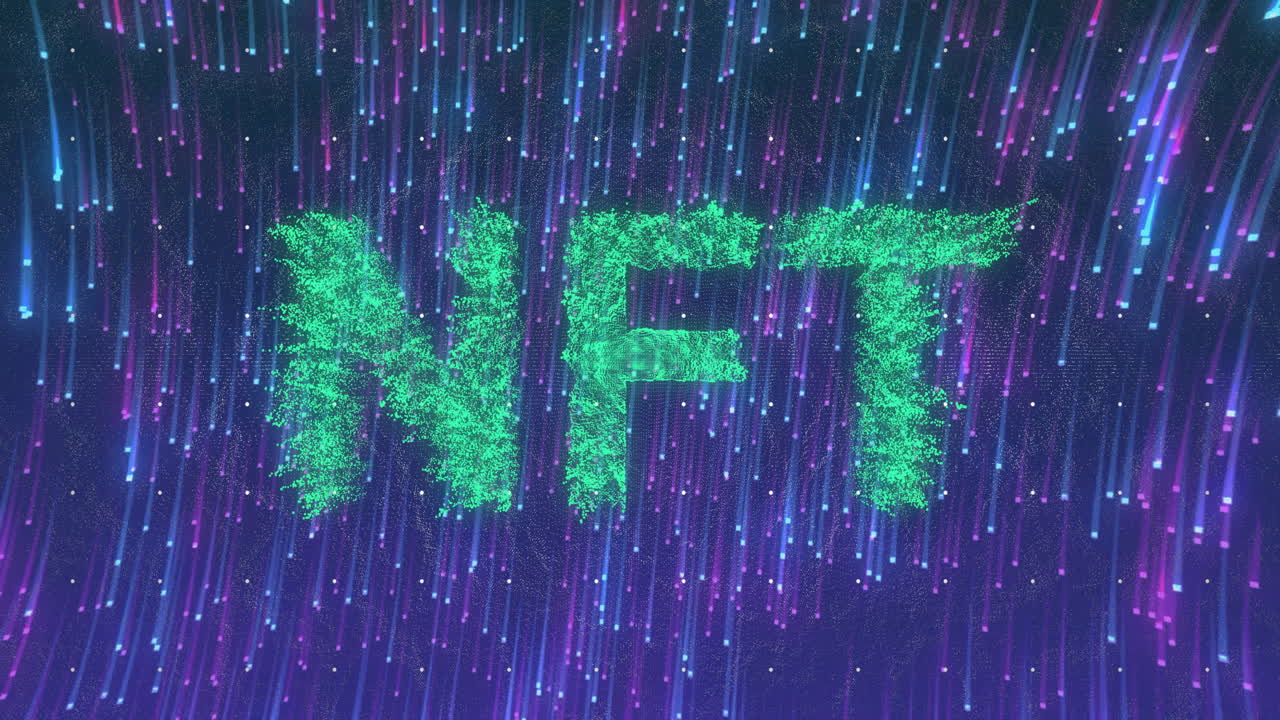 NFT letters floating 3D render against cyber backdrop, glowing green particles streaming neon rain