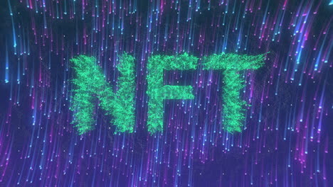 nft letters floating 3d render against cyber backdrop, glowing green particles streaming neon rain