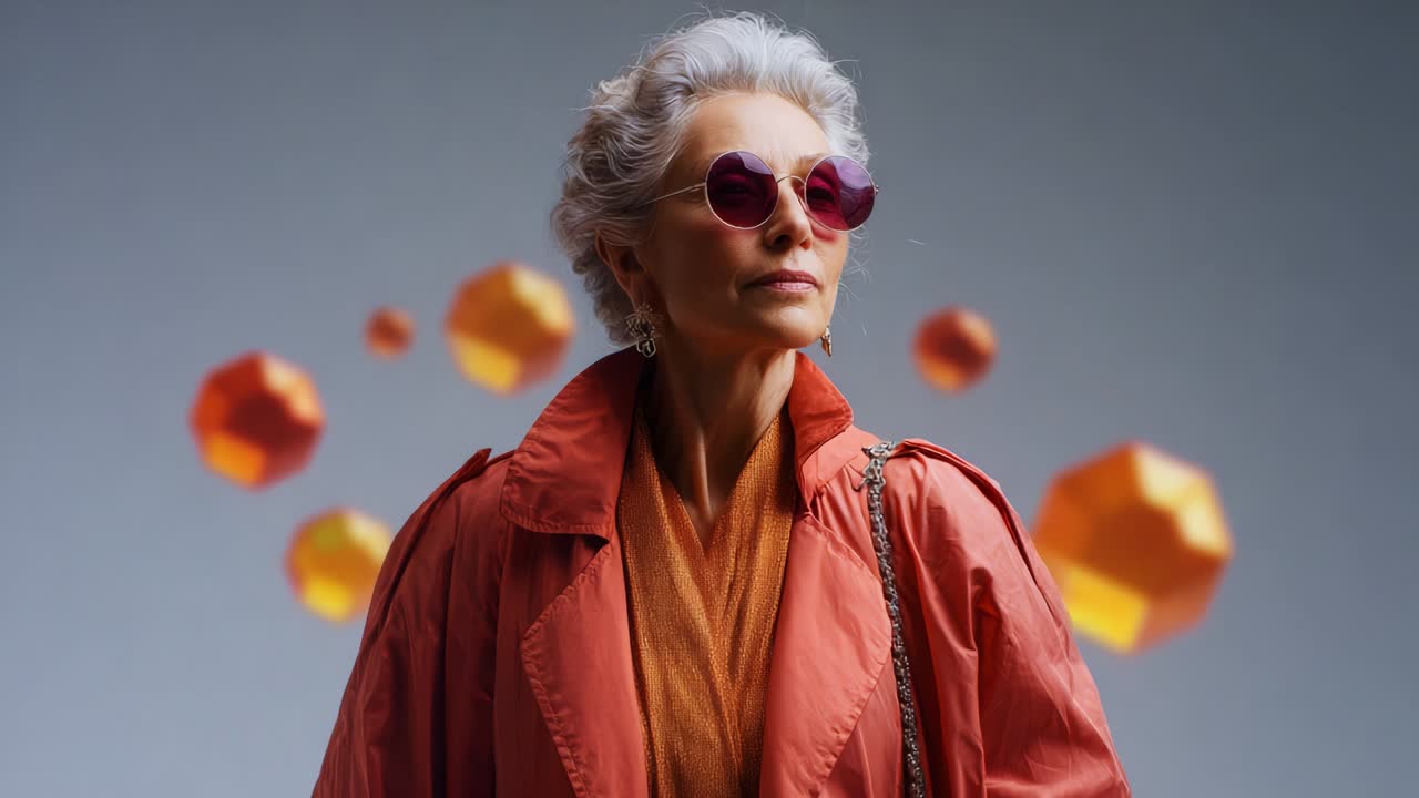 A Stylish Elderly Woman Wearing Chic Sunglasses and Vibrant Fashion Layered in Orange, Commanding Attention with Poise Surrounded by Geometric Orbs Creating an Artistic Atmosphere of Elegance and Trendiness