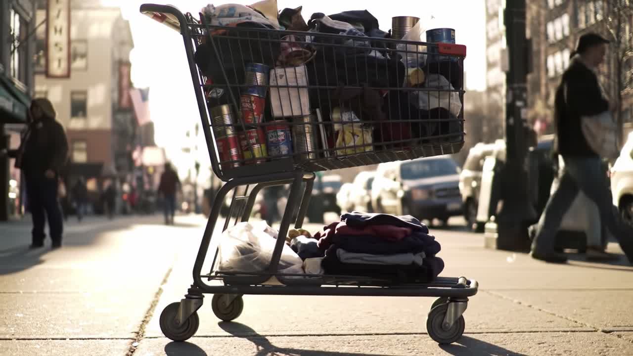 Urban Scene Highlighting a Shopping Cart Filled with Clothes and Food Products in Busy City Streets, Capturing the Intersection of Daily Life and Community Needs