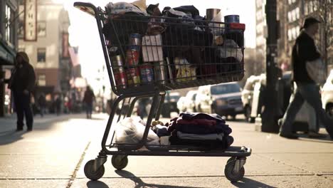 urban scene highlighting a shopping cart filled with clothes and food products in busy city streets, capturing the intersection of daily life and community needs