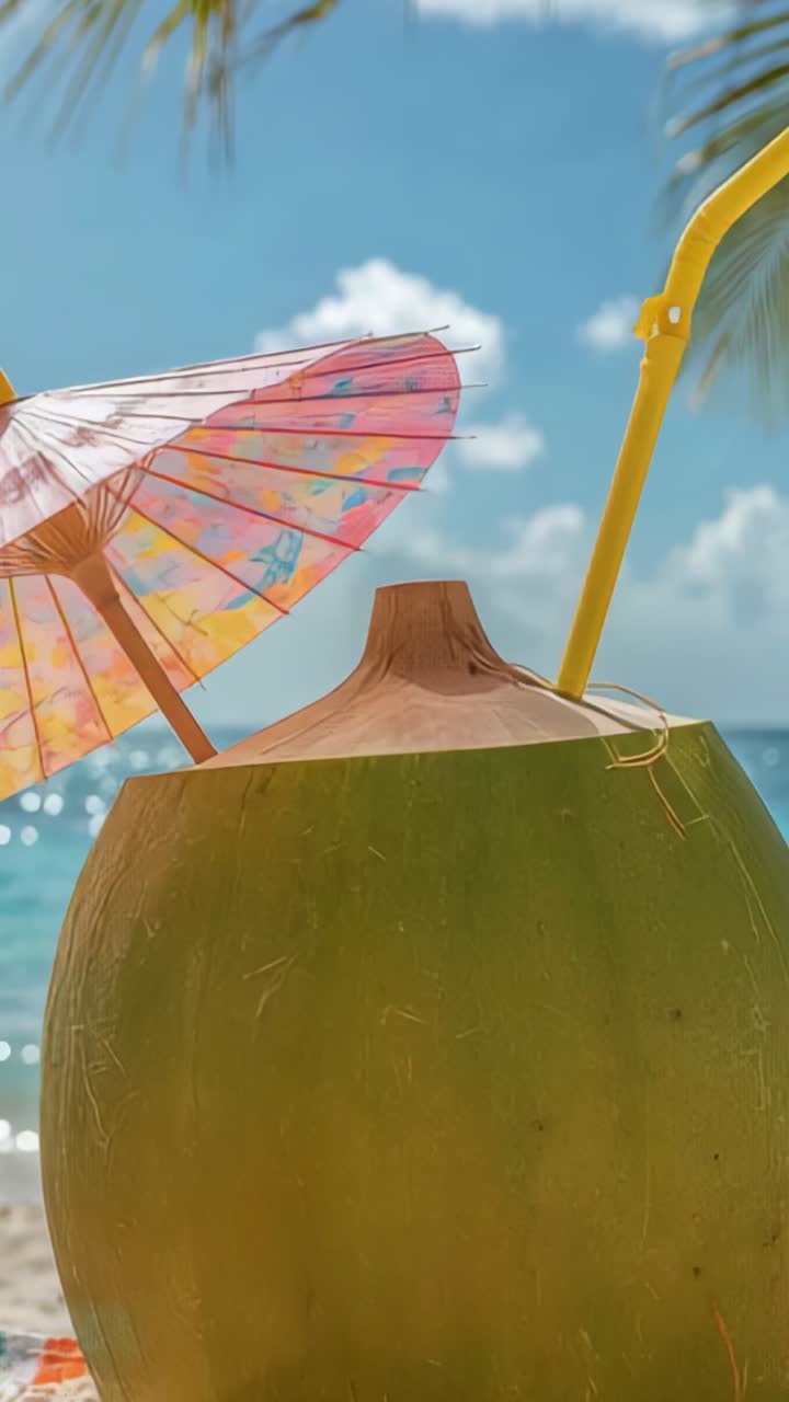 Vertical video: Opening shot capturing closeup on coconut at beach, with straw umbrella