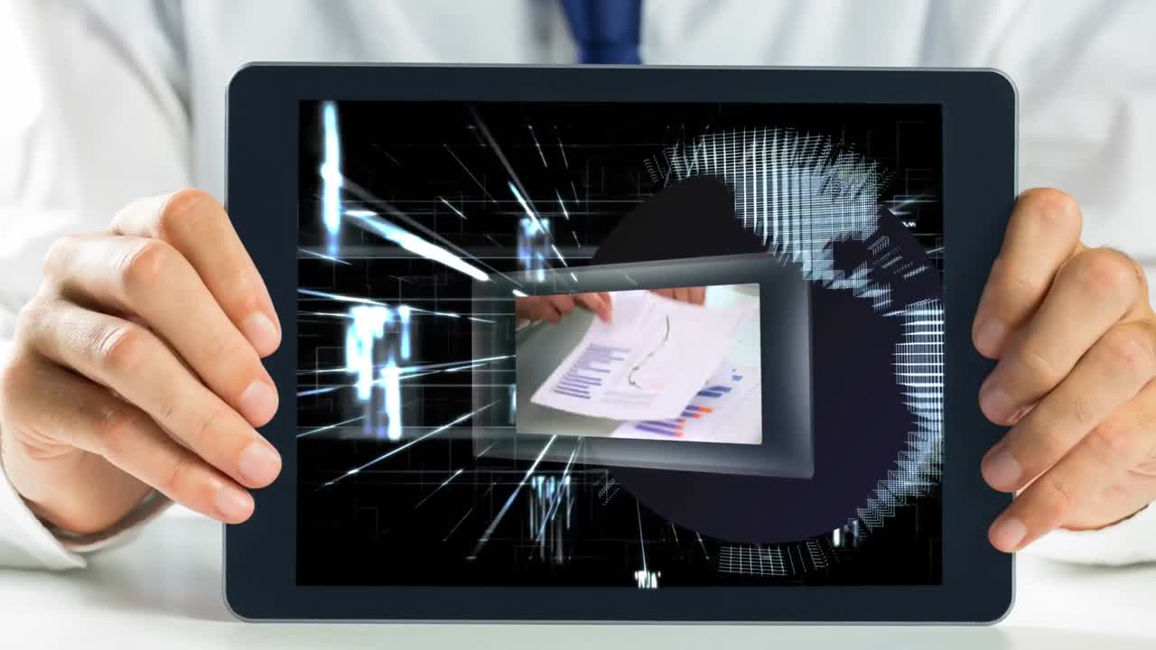 animación digital de un hombre de negocios con una tableta digital 4k