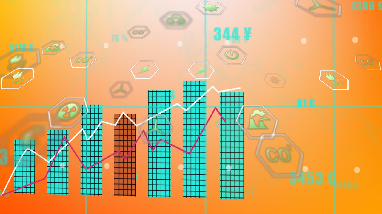 Bar graph and line chart with currency symbols over digital icons animation