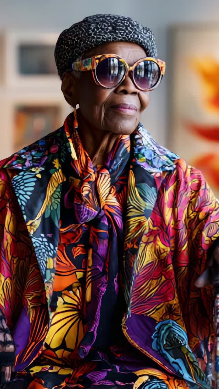 Donna anziana elegante in abiti colorati, che cattura uno stile e una grazia senza tempo con un abbigliamento vivace, mettendo in mostra sicurezza di sé e individualità in un ambiente contemporaneo