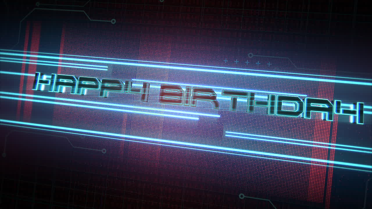 Happy Birthday with cyberpunk matrix and HUD elements