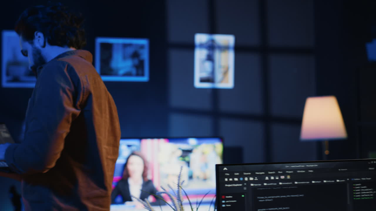 Man doing IT support job from home, walking around personal office with laptop