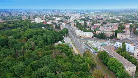 lovely green park in the downtown of vinnytsia, ukraine. city centre with old and new architecture. aerial view.