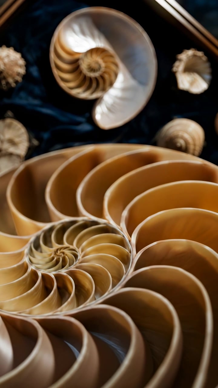 Large spiral shell cross section fills foreground while smaller shells rest above on dark folded cloth, with gentle framing movement revealing curved chambers, glossy surfaces, and warm natural tones.