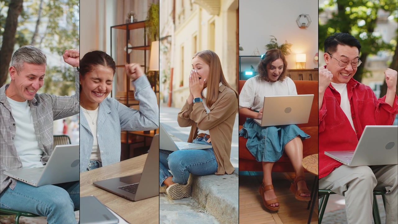 Collage di persone felici ed entusiaste, uomini e donne, che usano il portatile per festeggiare una vittoria, una buona notizia o un gioco