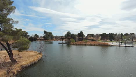 Fast-turning-flight-in-a-first-person-view-drone-over-a-pond-with-ducks-on-a-sunny-day